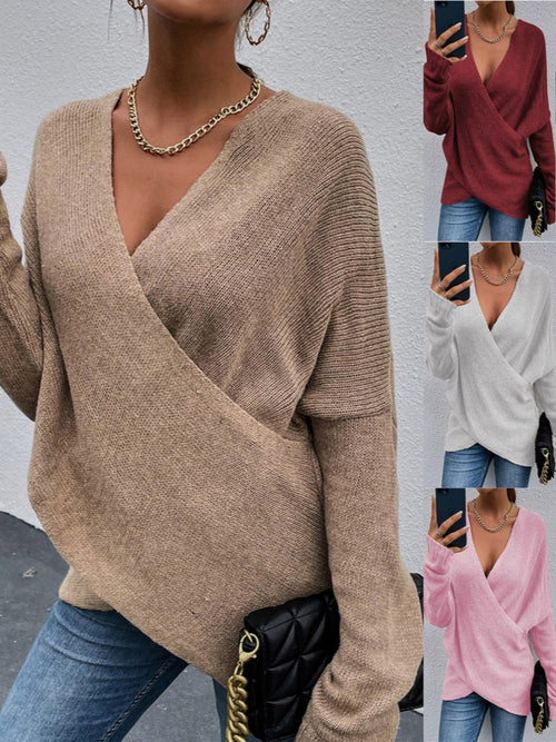 Дамски плетен пуловер, есенно-зимен, с V-образно деколте и дълги ръкави.😍Втората стока с 40% отстъпка!