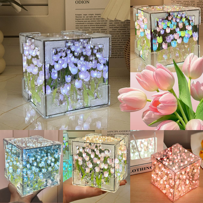 DIY нощна лампа с лале 🌷 · Пространственото огледало „магически куб“ създава усещането, че си в приказно море от цветя ✨.